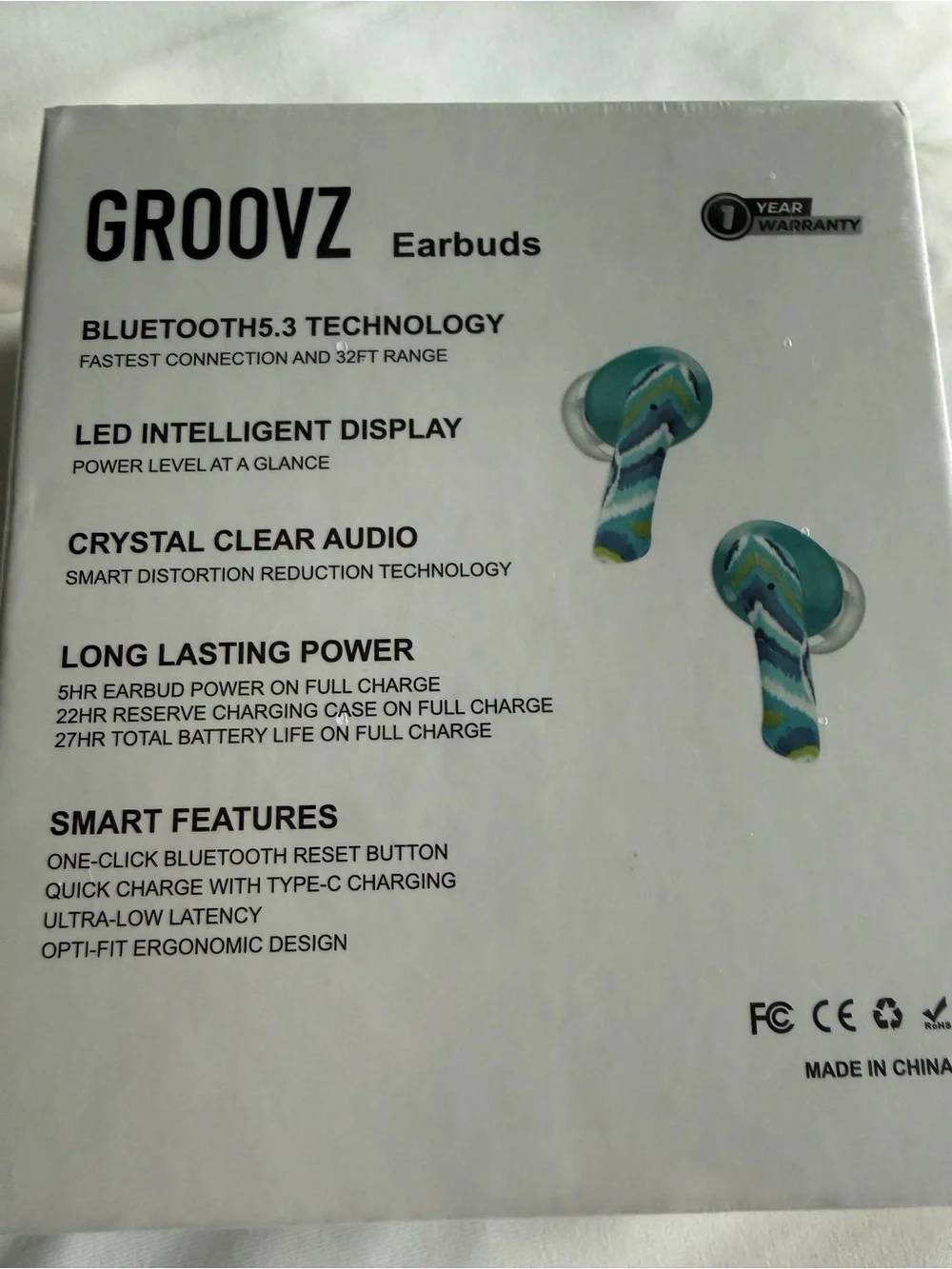 Groovz Teal Pattern True Wireless Earbuds with Charging Case